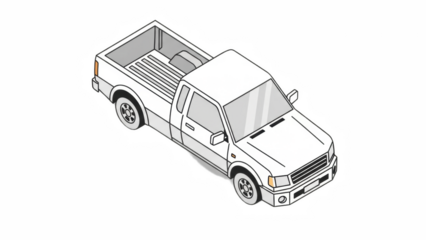 White pickup truck PNG, simple isometric front top view illustration of generic light duty utility pickup with open cargo bed, isolated on white background for construction, farming, delivery and tran