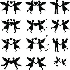 set of vector silhouettes of hearts And angel 