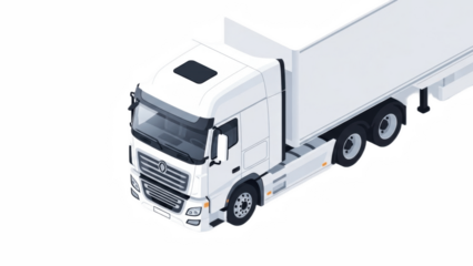 Modern white semi trailer truck PNG, detailed isometric front top view illustration of long haul freight tractor unit with trailer, isolated on white background for logistics, shipping and transport

