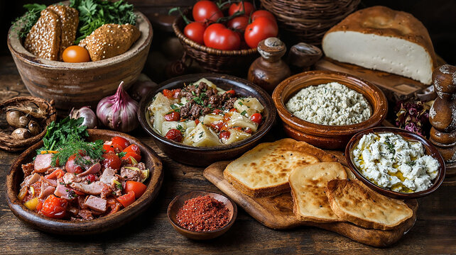 Assorted Mediterranean dishes with fresh ingredients on wooden table   - Powered by Adobe