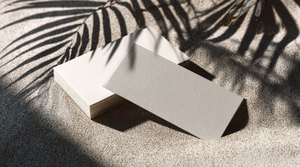 Stack of neutral-colored rectangular cards on sand, with a single card leaning against the stack, cast shadows