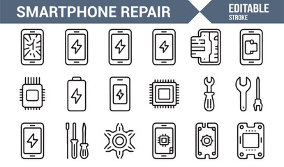 Mobile repair and electronics service line icons