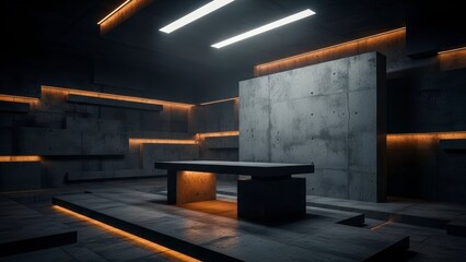 Futuristic Concrete Interior with Illuminated Accents and Minimalist Design.
