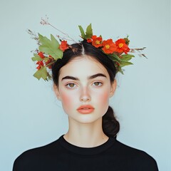 Portrait of a young woman with floral crown in studio contemporary photography natural light