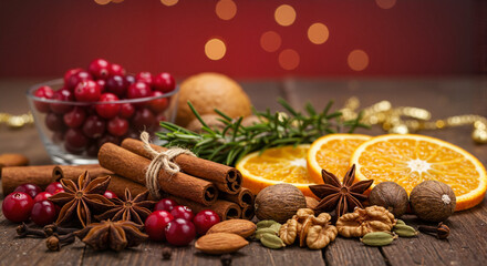 Festive ingredients with cinnamon, oranges, nuts, and cranberries  