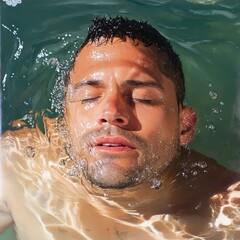 Relaxing man floating in pool outdoor serenity portrait photography calm water upward angle