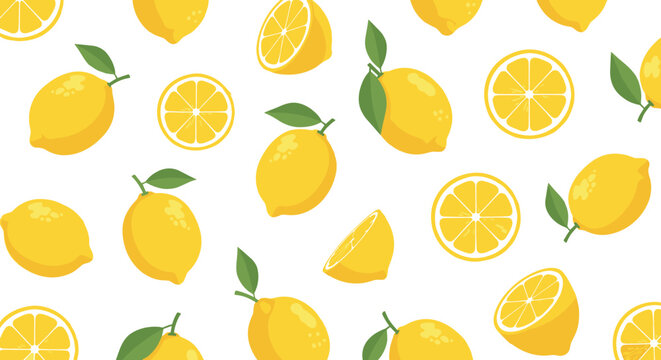 Fresh lemon illustration pattern with whole and sliced citrus fruits and green leaves in flat colorful style for food, packaging, and summer designs