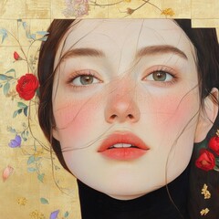 Portrait of a young woman surrounded by floral patterns studio photography artistic close-up beauty