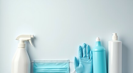 Blue glove a face mask and a bottle of cleaner