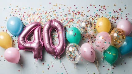 Overhead shot showing a cluster of colorful balloons and confetti scattered on a light blue surface. The number "40" is present
