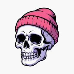 Obraz premium A trendy skull wearing a pink beanie, showcasing a unique blend of pop culture and fashion characters that often captivate the youth and indie art communities.