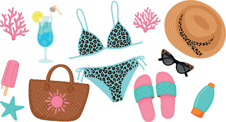 Summer beach vacation illustration set with bikini, hat, sunglasses, bag, sandals, drinks, and seaside elements in colorful flat style for holiday designs