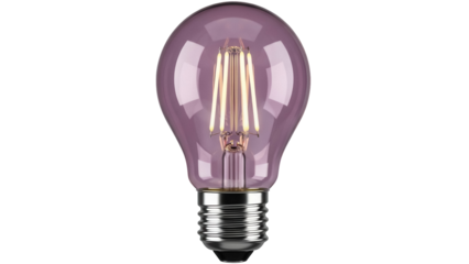 Vintage style purple light bulb PNG isolated on transparent background, decorative retro Edison lamp for interior design and energy saving