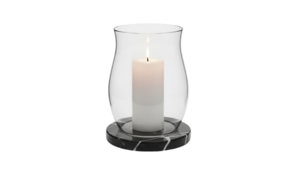 Elegant candle in glass holder isolated PNG, marble base and soft light for home decor and cozy atmosphere on transparent background