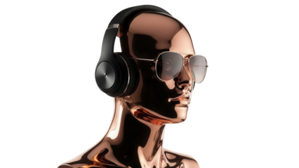 Bronze mannequin head with sunglasses and headphones isolated PNG, futuristic fashion concept for music and style