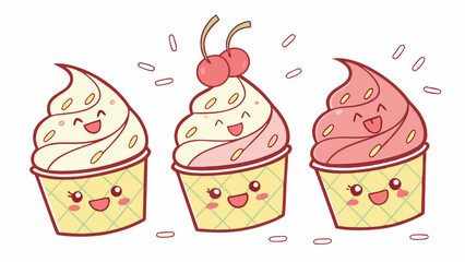 Cheerful Kawaii Soft Serve Ice Cream Cups with Happy Faces and Cherries Cute Dessert Mascot Vector for Sweet Food Menu and Kids Marketing