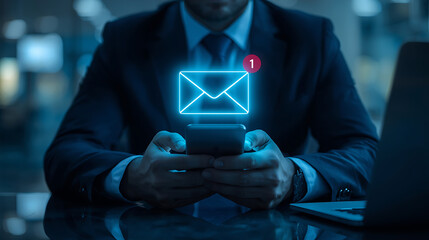 A businessman in a dark suit is depicted at a modern office desk, holding a smartphone. Above the phone, a glowing holographic email envelope icon shows a red notification badge indicating a new messa