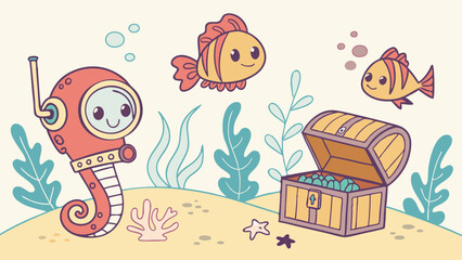 Obraz premium Whimsical Underwater Adventure Scene with Cute Seahorse Diver Fish and Open Treasure Chest Cartoon Vector Illustration