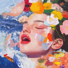 Emotional portrait of a woman surrounded by flowers in a dreamlike water setting