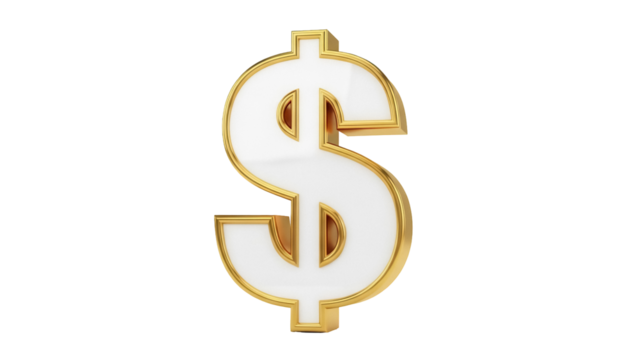 Golden dollar sign isolated PNG on transparent background, currency symbol for finance, investment, and wealth concepts - Powered by Adobe