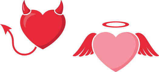 Angel and devil heart illustration set with wings, halo, and horns in flat minimal style for love concepts, romance themes, and symbolic design projects