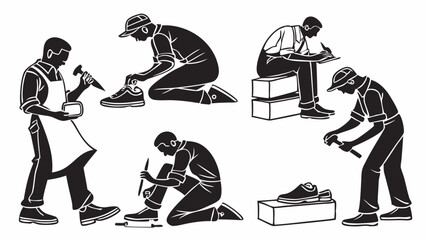 Shoemakers Repairing Shoes Graphic Illustration Set Traditional Cobbler Craftsmanship and Manual Production
