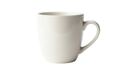 Ceramic mug isolated PNG on transparent background, simple white coffee cup for hot drinks and beverages, kitchenware object