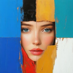 Artistic portrait of a woman surrounded by colorful backgrounds in an artistic studio setting