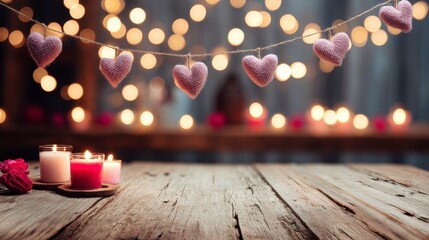 Wooden table adorned with lit candles and hanging pink hearts against a background of blurred lights. Romantic scene