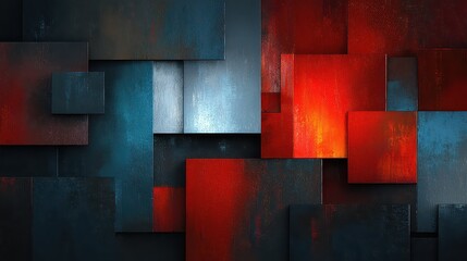 Abstract Geometric Arrangement of Dark Rectangles with Red and Blue Light Splatter on a Grungy Background