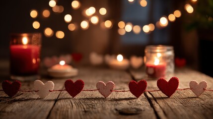 Romantic close-up featuring heart garland, lit candles, and blurred string lights on a rustic wooden table. A warm and inviting atmosphere