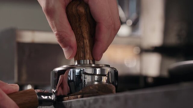 Slow motion spreading fresh ground coffee in basket of bottomless portafilter
