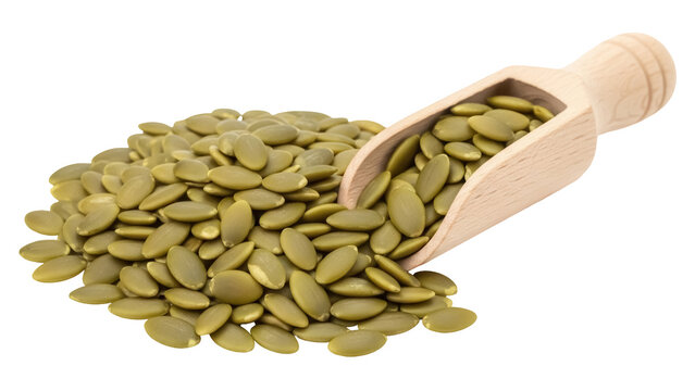 Green pumpkin seeds with wooden scoop isolated PNG, healthy snack ingredient on transparent background for cooking and nutrition