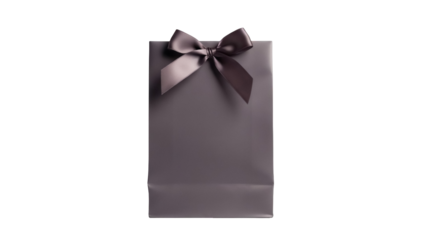 Elegant taupe gift bag with satin bow isolated PNG, stylish present for birthdays and special occasions on transparent background
