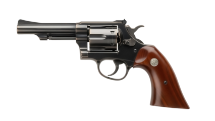 Classic revolver PNG isolated on transparent background, vintage firearm with wooden grip for law enforcement and historical reenactment