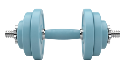 Light blue dumbbell isolated PNG, fitness equipment for strength training and exercise on transparent background