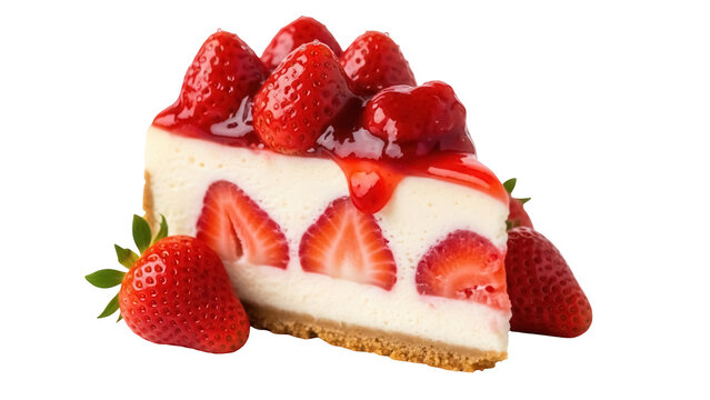Delicious strawberry cheesecake slice isolated PNG on transparent background, creamy dessert with fresh berries and sweet sauce for food design