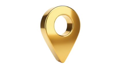 Golden map pointer PNG isolated on transparent background, location pin icon for navigation and travel apps, shiny metallic marker