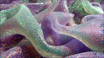 Abstract Iridescent Fabric with Glitter Shimmering Waves and Soft Pastel Tones in Purple Green and Pink with Refracted Light
