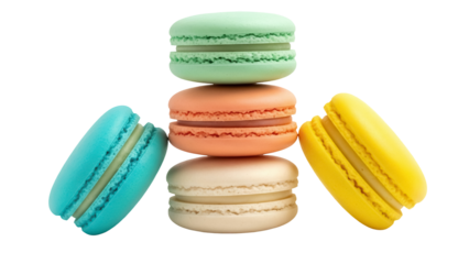 Colorful macarons isolated PNG on transparent background, stack of pastel colored almond cookies for dessert and confectionery concepts