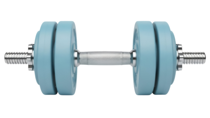 Light blue dumbbell isolated PNG, fitness equipment for strength training and exercise on transparent background, weightlifting tool