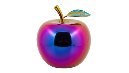 Shiny iridescent apple isolated PNG on transparent background, colorful metallic fruit with stem and leaf for decorative design elements