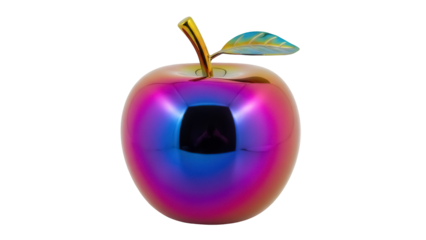Shiny iridescent apple isolated PNG on transparent background, colorful metallic fruit with stem and leaf for decorative design elements
