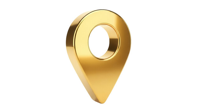 Golden map pointer PNG isolated on transparent background, location pin icon for navigation and travel apps, shiny metallic marker