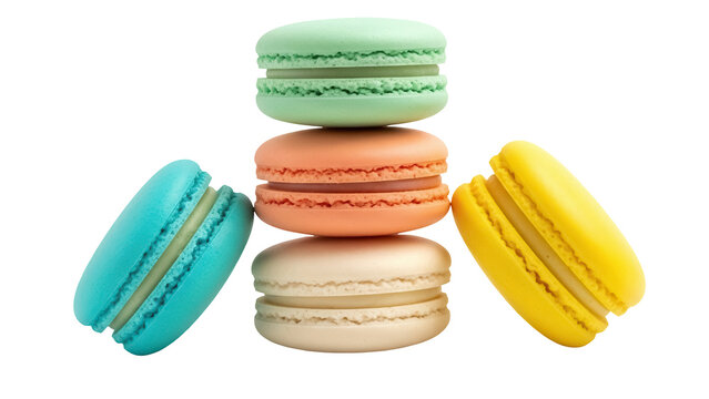 Colorful macarons isolated PNG on transparent background, stack of pastel colored almond cookies for dessert and confectionery concepts