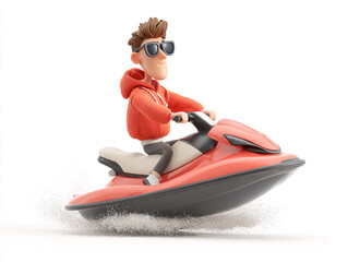 These 3D cartoon illustrations feature a small child and a large man riding sleek personal watercraft. They wear goggles and vests while splashing through crisp white water.
