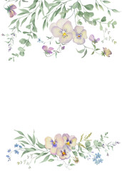 
Watercolor pansies and viola wildflowers floral frame. Botanical background. Hand drawn illustration. Vector EPS.