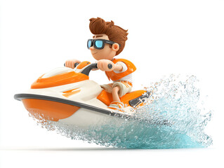 These 3D cartoon illustrations feature a small child and a large man riding sleek personal watercraft. They wear goggles and vests while splashing through crisp white water.
