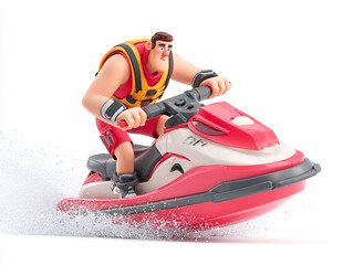 These 3D cartoon illustrations feature a small child and a large man riding sleek personal watercraft. They wear goggles and vests while splashing through crisp white water.
