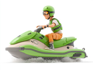 These 3D cartoon illustrations feature a small child and a large man riding sleek personal watercraft. They wear goggles and vests while splashing through crisp white water.
